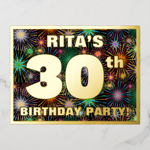 30th Birthday Party: Bold, Colourful Fireworks Loo Foil Invitation Postcard