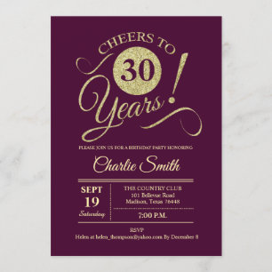 30th Birthday Party - Burgundy Gold Invitation