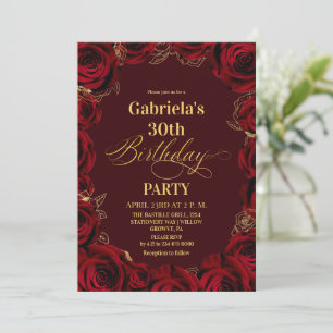 30th Birthday Party Burgundy Red Gold Floral Invitation