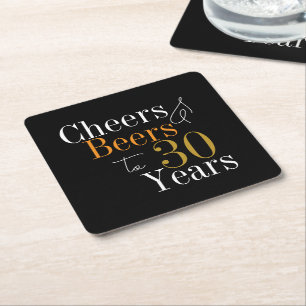 30th Birthday Party Cheers Beers Black Gold Square Paper Coaster