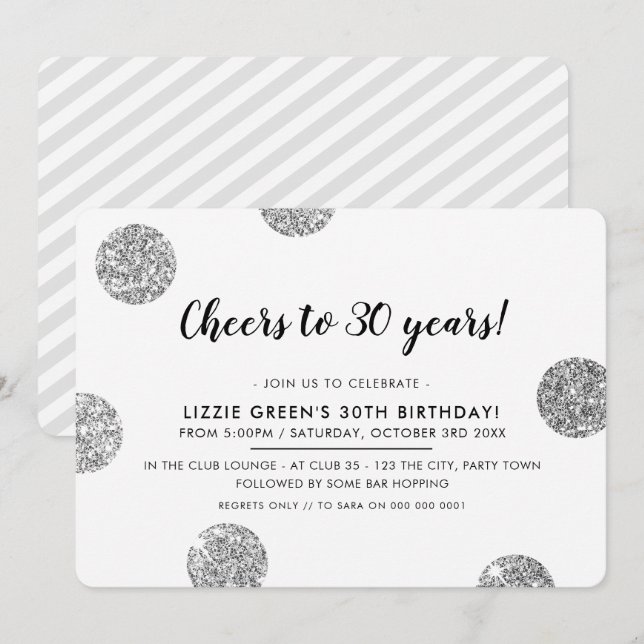 30TH BIRTHDAY PARTY cool silver glitter polka dots Invitation (Front/Back)