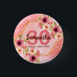 30th birthday party coral gold dahlia flowers 1 inch round button<br><div class="desc">A trendy button for a 30th birthday party. With a faux gold hexagon geometrical shaped frame. Decorated with watercolored dahlia flowers in pink, cream and coral. Living coral with polka dots as background. Templates for a name, age 30 and a date. Date of birth or date of the party. Burgundy...</div>