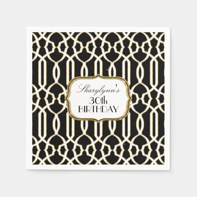 30th Birthday Party Decor Trellis Art Black Gold Napkin (Front)