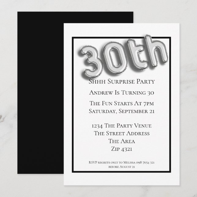 30th Birthday Party Faux 3d Silver Balloon Font Invitation (Front/Back)