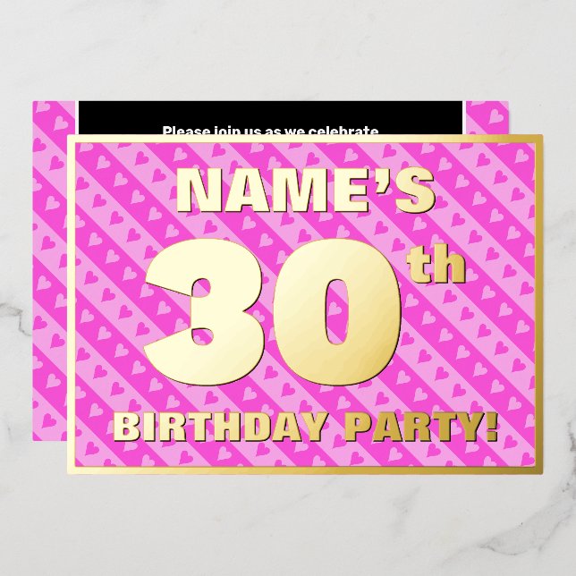 30th Birthday Party — Fun Pink Hearts and Stripes (Front/Back)