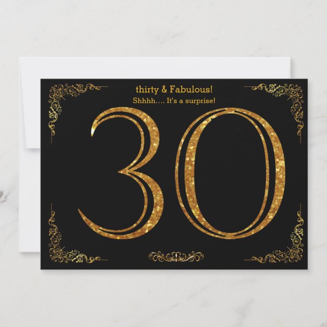 30th Birthday party,Gatsby styl,black gold glitter Invitation (Front)