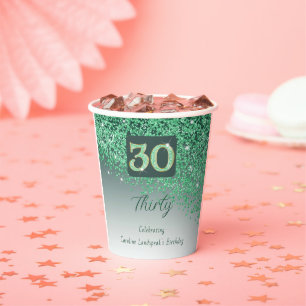 30th Birthday Party Gleaming Green Glitter Paper Cups