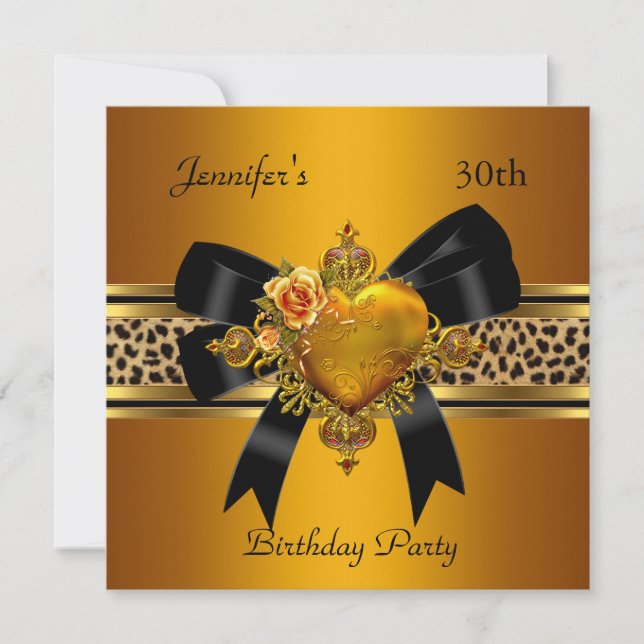 30th Birthday Party Gold Heart Jewel Leopard Invitation (Front)