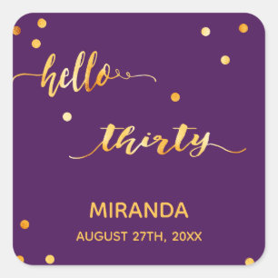 30th birthday party gold purple hello thirty square sticker