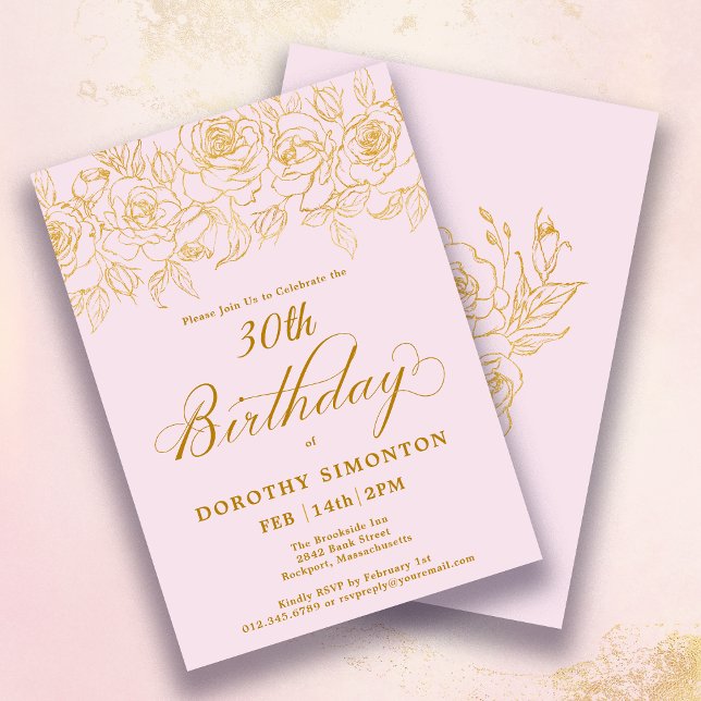 30th Birthday Party Gold Rose Floral Blush Pink Invitation (Creator Uploaded)