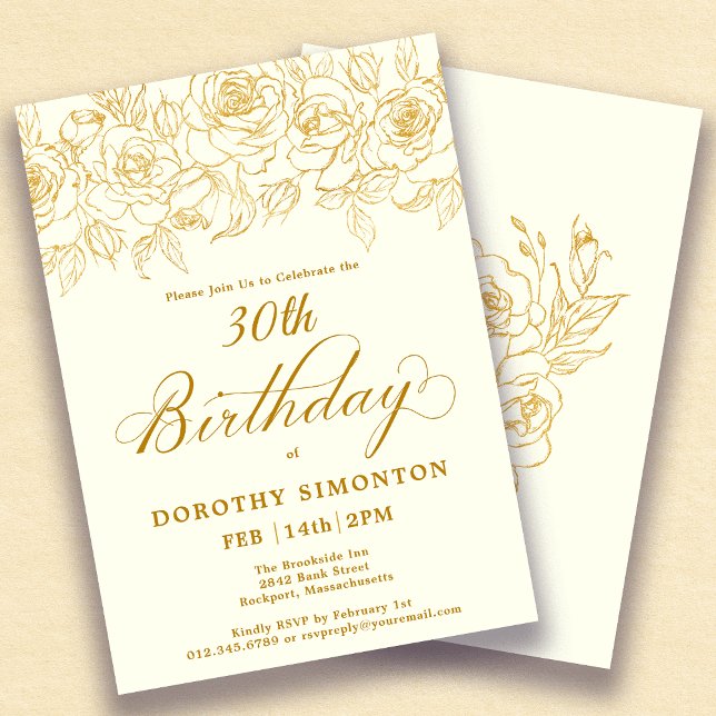 30th Birthday Party Gold Rose Floral Ivory White Invitation (Creator Uploaded)
