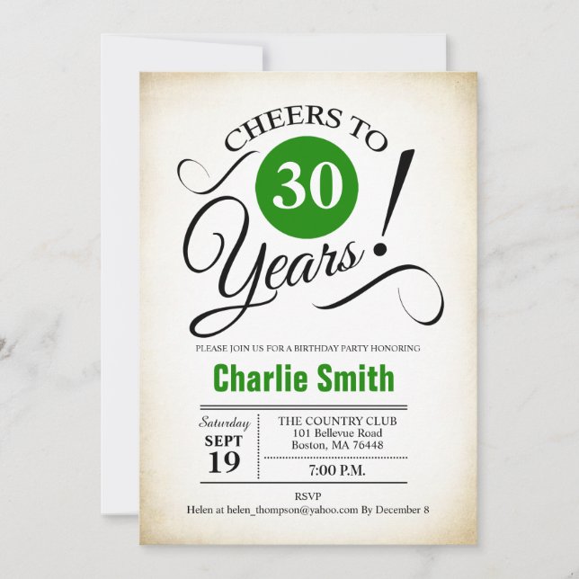 30th Birthday Party - Green Black White Invitation (Front)