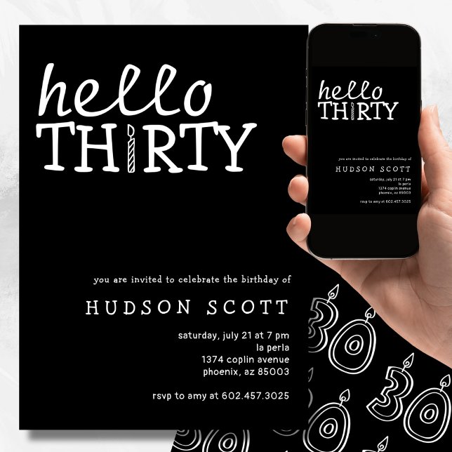  30th Birthday Party Hello Thirty Modern Black Invitation (Creator Uploaded)