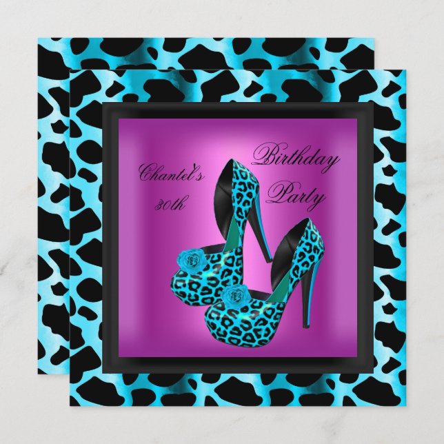 30th Birthday Party Hot Pink Leopard Teal Blue Invitation (Front/Back)