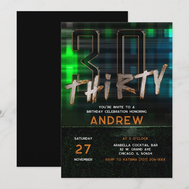 30th Birthday Party Ideas for Guys Invitation (Front/Back)