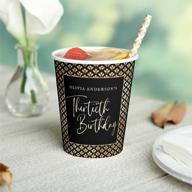30th Birthday Party in Black White & Gold Script Paper Cups (Insitu)