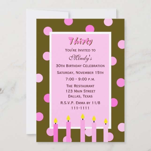 30th Birthday Party Invitations -- Pink Polka Dots (Front)