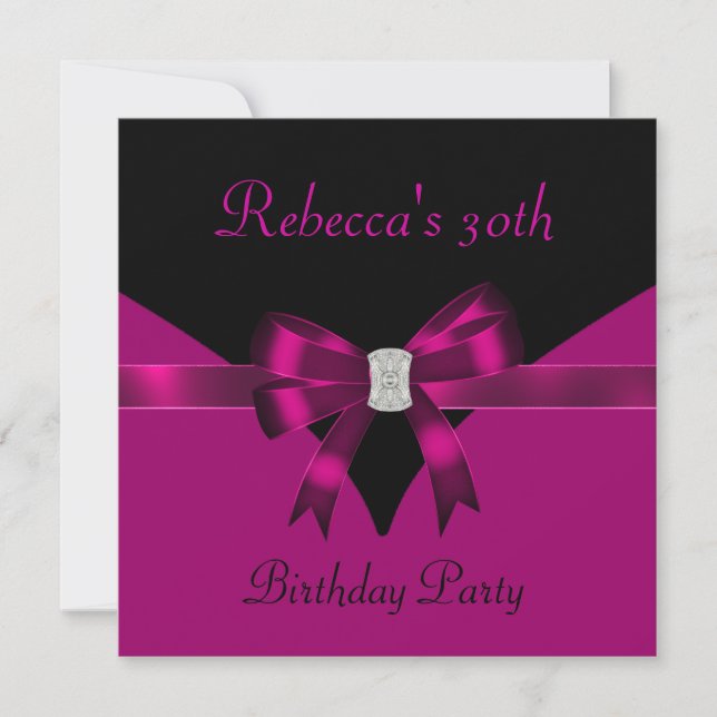 30th Birthday Party Jewel Bow Black Deep Pink Invitation (Front)