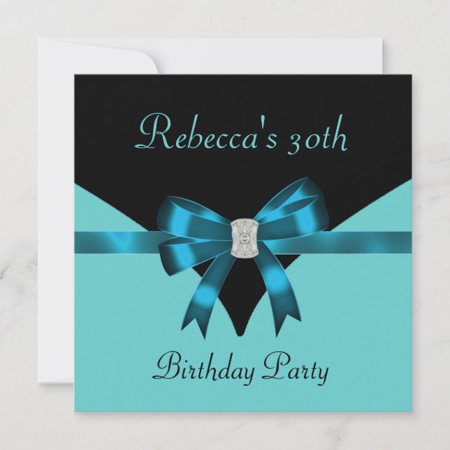 30th Birthday Party Jewel Bow Black Teal Blue 2 Invitation (Front)