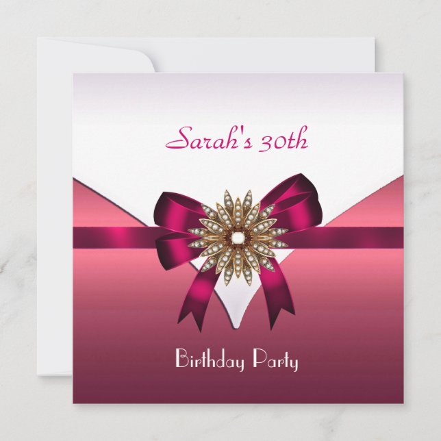 30th Birthday Party Jewel Bow White Pink Invitation (Front)