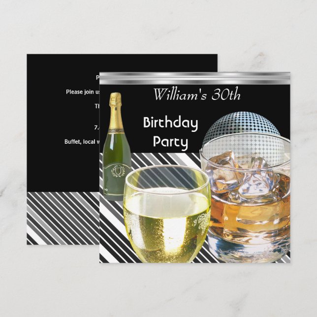 30th Birthday Party Mens Drinks Black Silver Man Invitation (Front/Back)