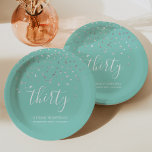 30th Birthday Party Mint Green Silver Confetti Paper Plate<br><div class="desc">Help her celebrate her 30th birthday in style with this simple but elegant design, featuring faux silver triangular confetti sifting down on the word "thirty" in white handwriting font on a mint green background. Personalize it with the name of the honoree in white sans serif font, along with the occasion...</div>