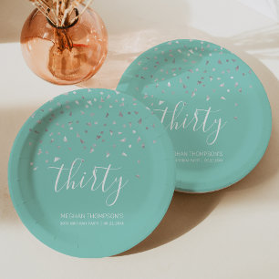 30th Birthday Party Mint Green Silver Confetti Paper Plate