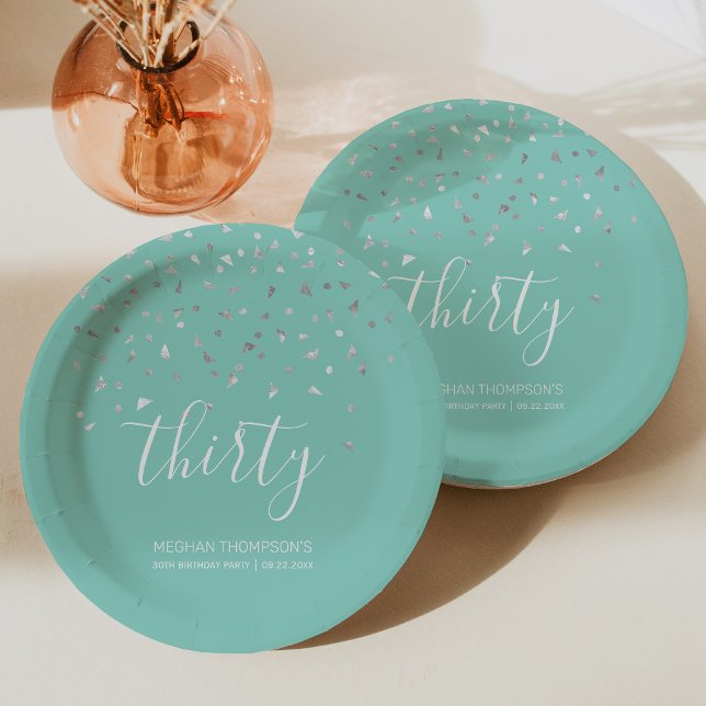 30th Birthday Party Mint Green Silver Confetti Paper Plate (Creator Uploaded)