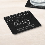 30th Birthday Party Modern Black Silver Confetti Square Paper Coaster<br><div class="desc">Help them celebrate their 30th birthday in style with this simple but elegant design, featuring faux silver triangular confetti sifting down on the word "thirty" in light grey handwriting font on a black background. Personalize it with the name of the honoree in light grey sans serif font, along with the...</div>