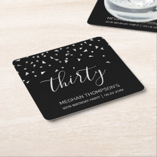 30th Birthday Party Modern Black Silver Confetti Square Paper Coaster