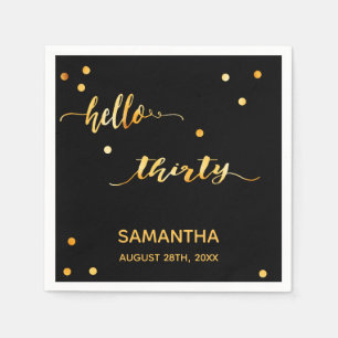30th birthday party name hello thirty gold black napkin