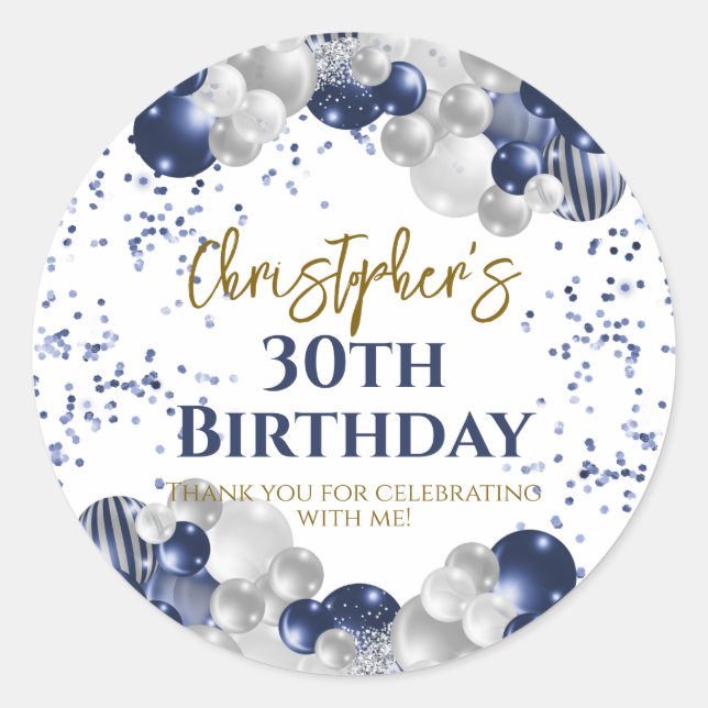 30th Birthday Party Navy Balloons Classic Round Sticker (Front)