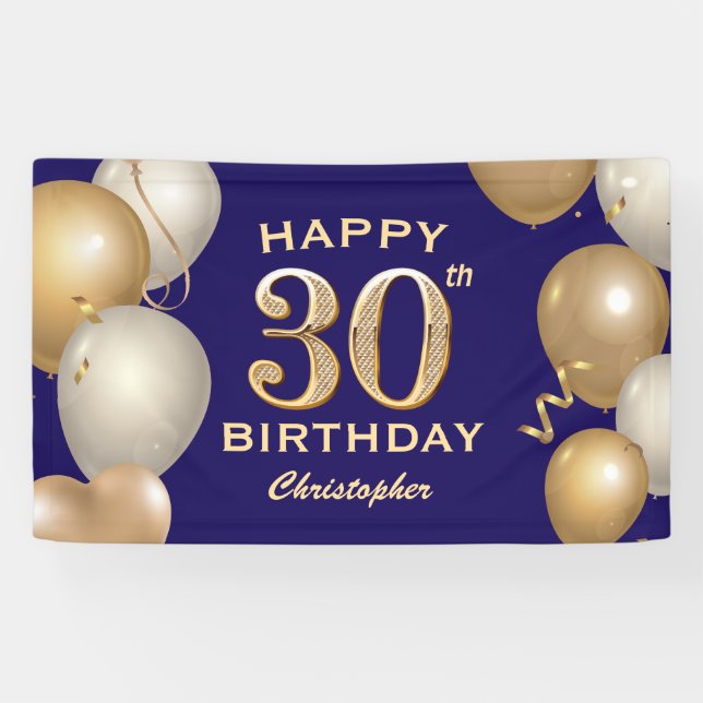 30th Birthday Party Navy Blue and Gold Balloons Banner (Horizontal)