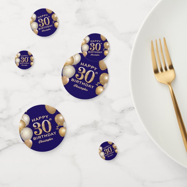 30th Birthday Party Navy Blue and Gold Balloons Confetti (Group)