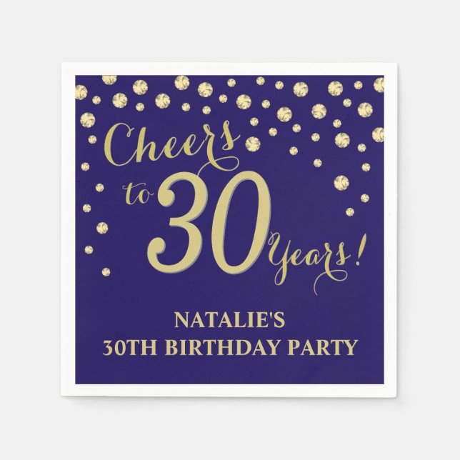 30th Birthday Party Navy Blue and Gold Diamond Napkin (Front)