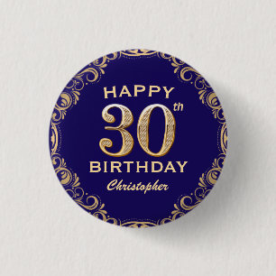 30th Birthday Party Navy Blue and Gold Glitter 1 Inch Round Button
