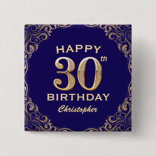 30th Birthday Party Navy Blue and Gold Glitter 2 Inch Square Button
