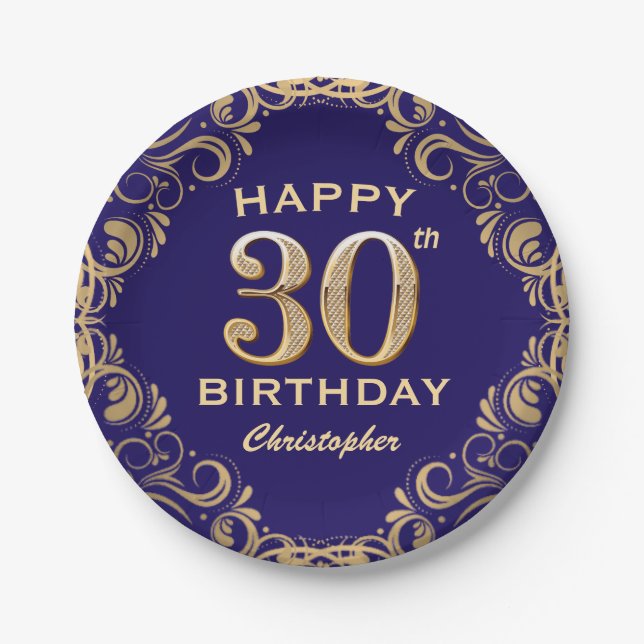 30th Birthday Party Navy Blue and Gold Glitter Paper Plate (Front)
