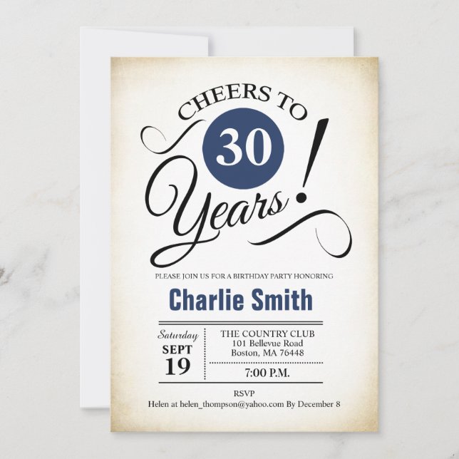 30th Birthday Party - Navy Blue Black White Invitation (Front)