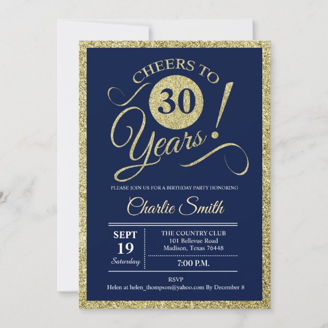 30th Birthday Party - Navy Gold Invitation (Front)