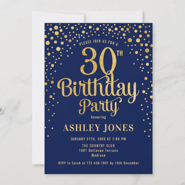 30th Birthday Party - Navy & Gold Invitation (Front)