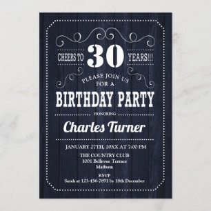30th Birthday Party - Navy Wood Pattern Invitation