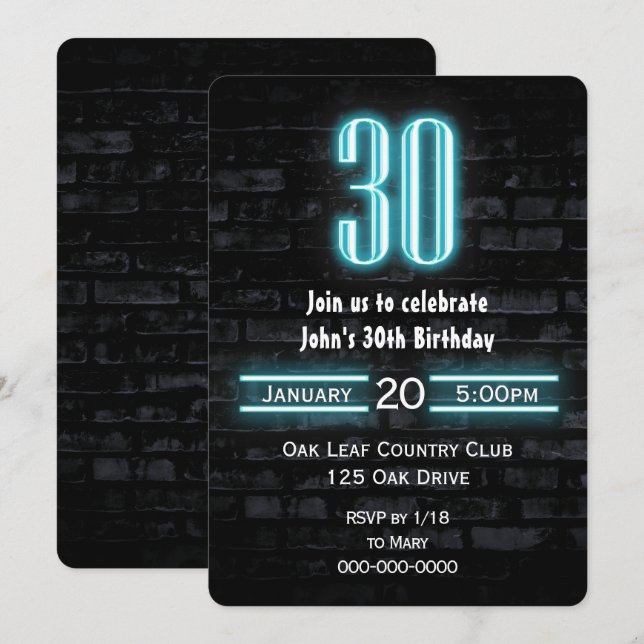 30th Birthday Party Neon Sign on Brick Invitation (Front/Back)