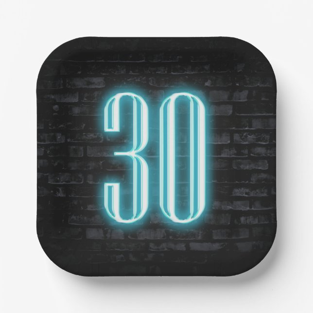 30th Birthday Party Neon Sign on Brick  Paper Plate (Front)