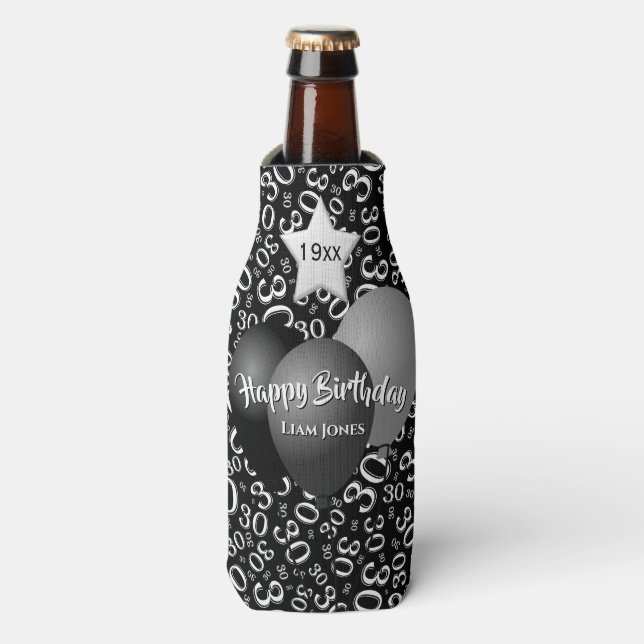 30th Birthday Party Number Pattern Black and White Bottle Cooler (Bottle Front)