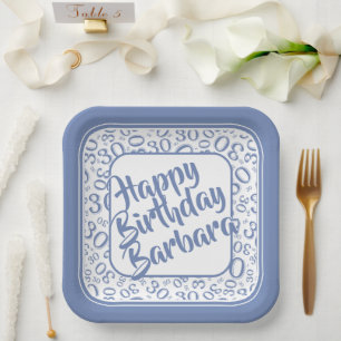 30th Birthday Party Number Pattern Blue/white Paper Plate