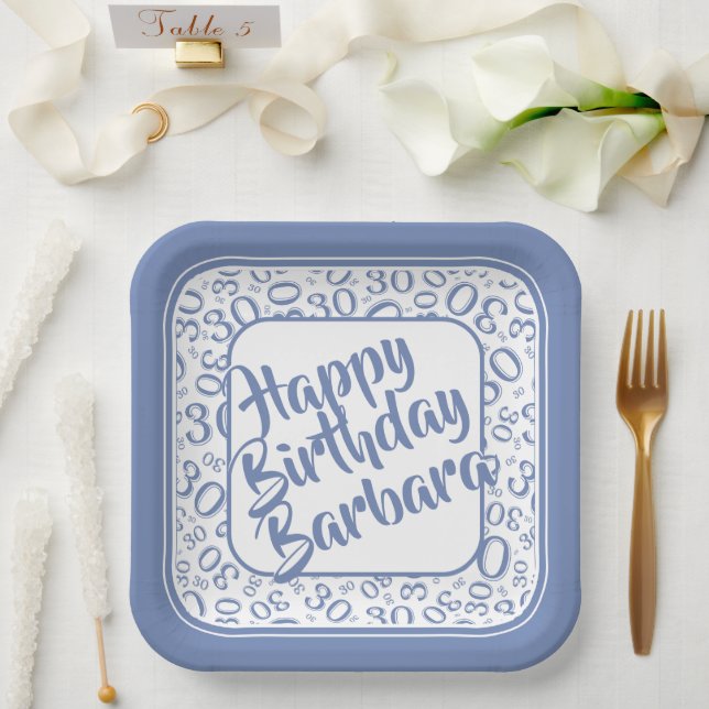 30th Birthday Party Number Pattern Blue/white Paper Plate (Wedding)