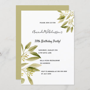 30th birthday party olive green botanical invitation