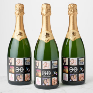 30th birthday party photo collage black sparkling wine label