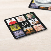30th birthday party photo collage guy black square paper coaster (Angled)